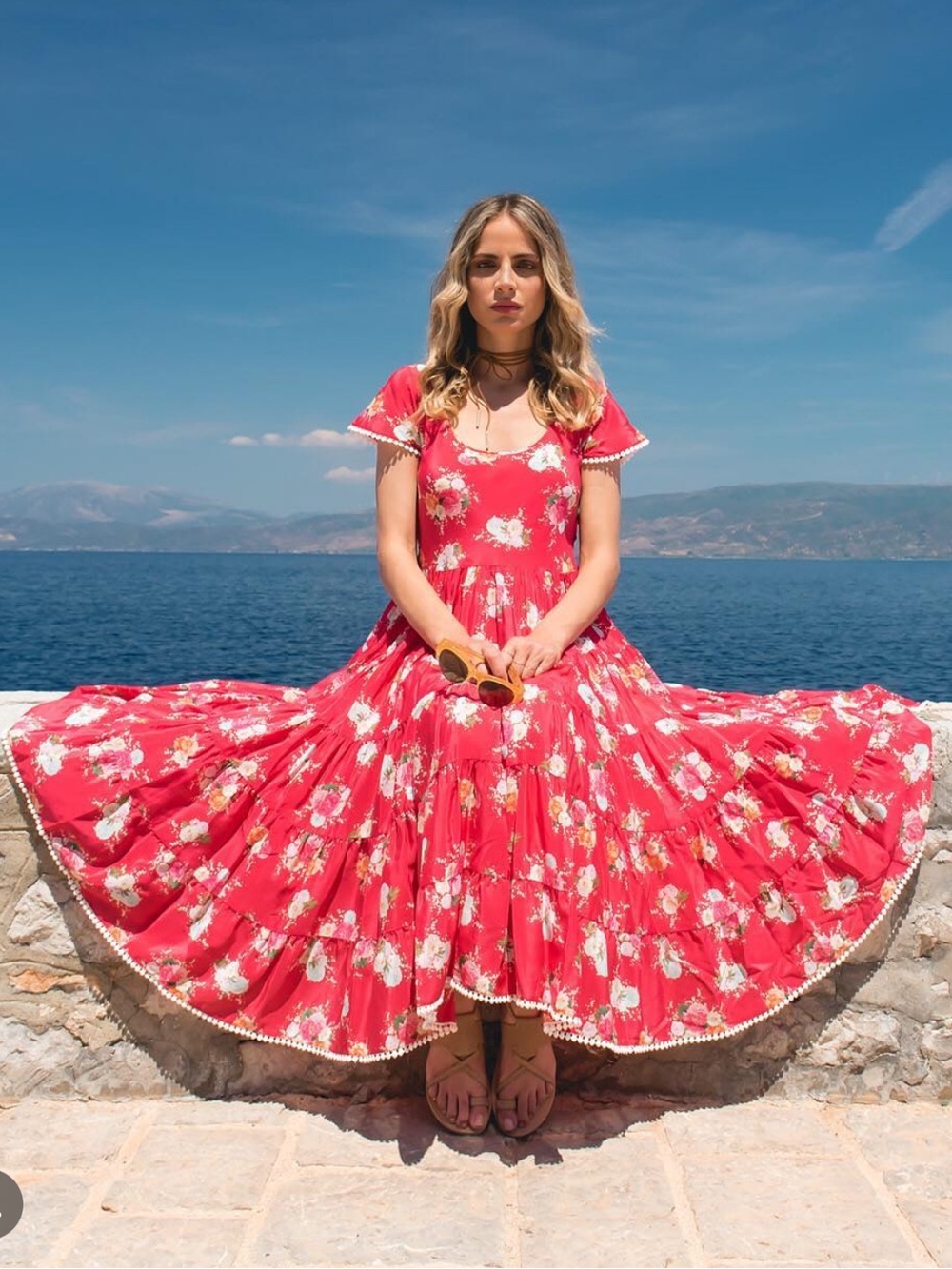 Athena Silk Floral Midi Dress Size 1 Red A-line Feminine Boho Cottagecore Chic